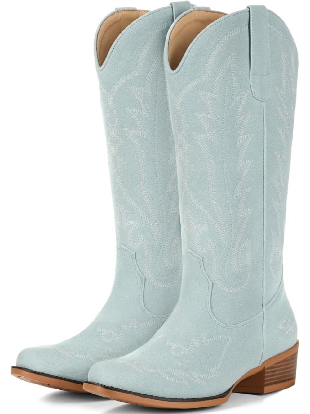 Women's Light blue  Mid Calf Suede Snip Toe Chunky Heel Embroidered Western Boot